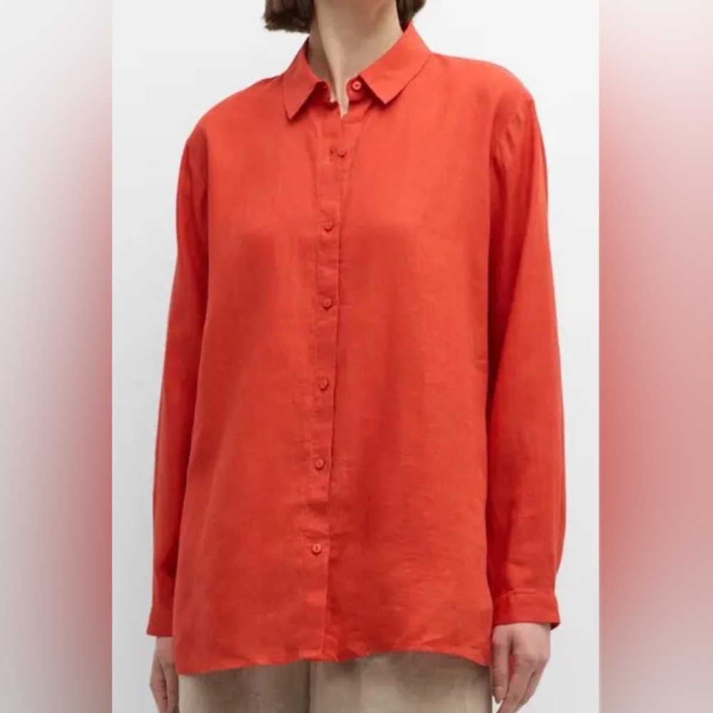 Eileen Fisher Button Down Collared Blouse~MEDIUM~geraniun organic irish linen